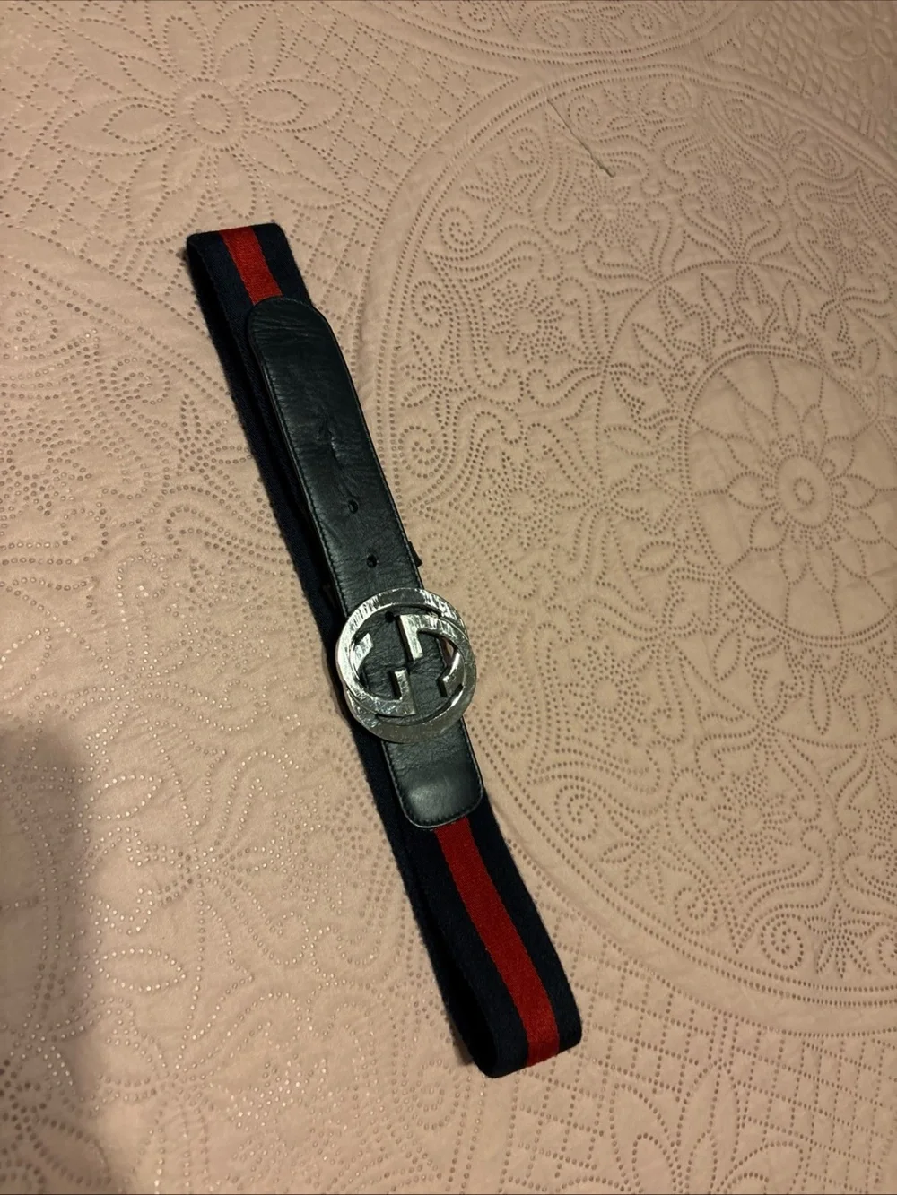 Gucci Navy and Red Web Stripe Leather Belt with Silver GG Buckle